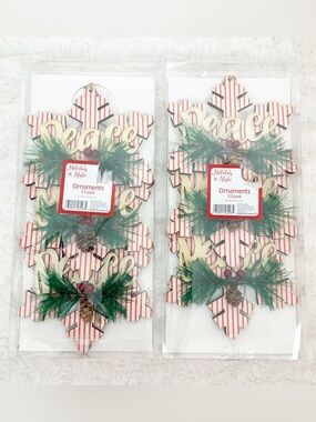 Holiday Style 6 Wood Snowflake Christmas Ornaments Striped Peace Pinecones